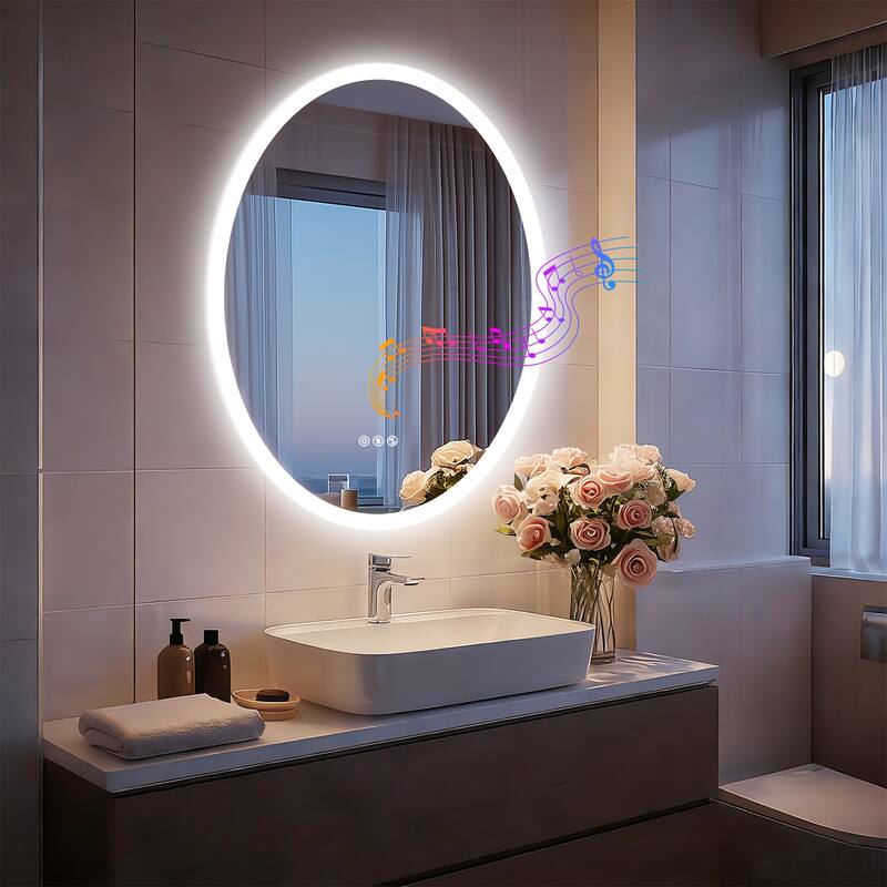 Bluetooth Lighted Bathroom Mirror Oval LED with Double NdFeB Speakers Wall Vanity Mirror - 23.62x31.50