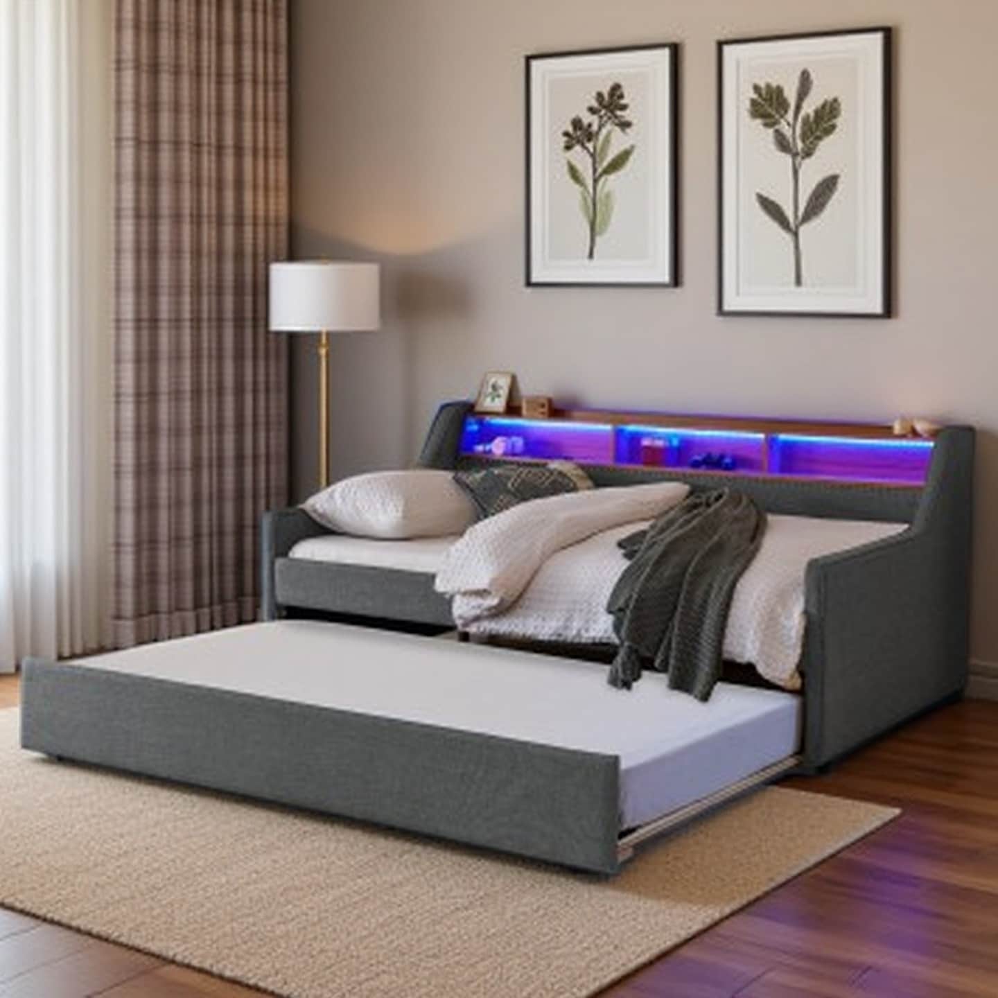 Twin Size DayBed with Pull-Out Trundle, Adjustable Headboard with 3-Color LED Lights, Wireless Charging, and Headboard Storage