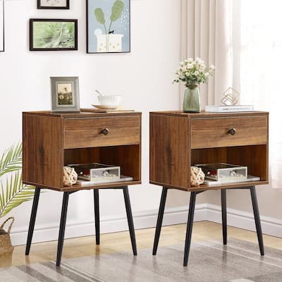 Javlergo 1-Drawer Nightstand with Open Storage Shelf, Mid-century End Side Table, Set of 2