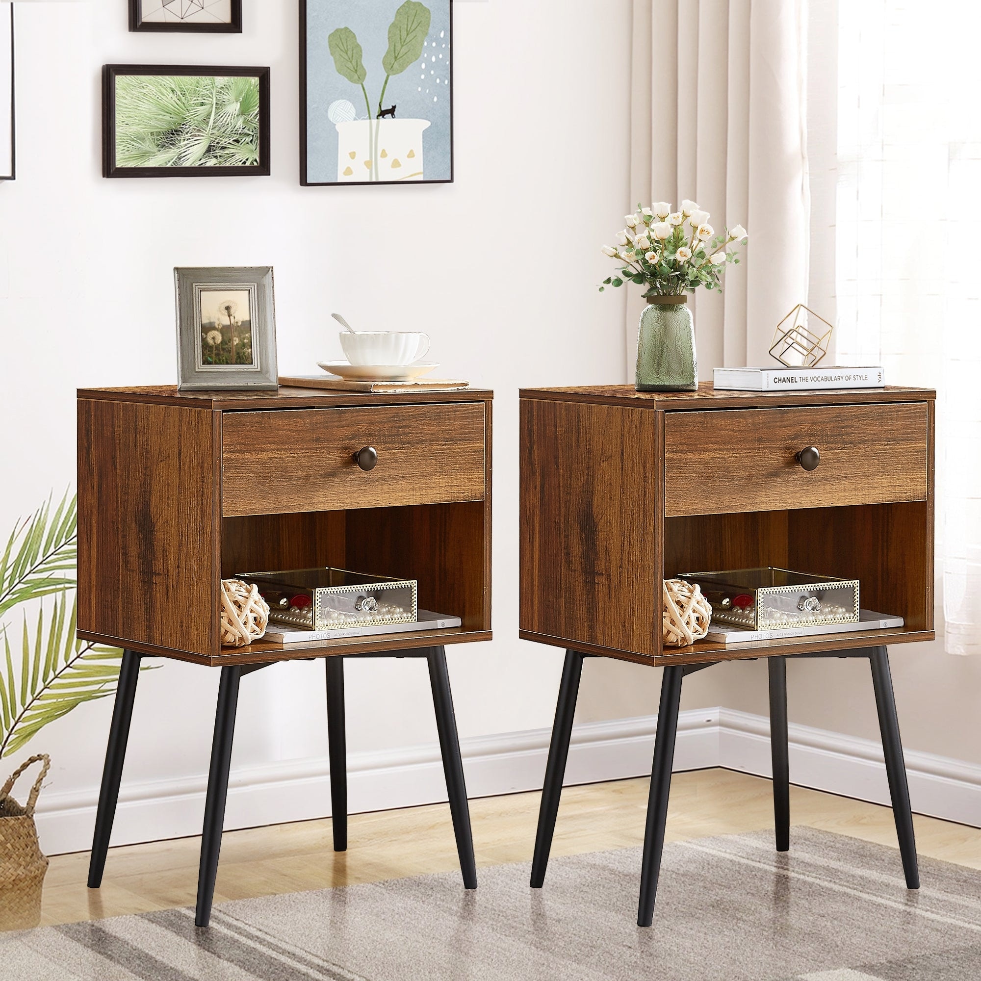 VECELO, (Set of 2) Modern 1-Drawer Brown/Grey Nightstand with Storage Shelf
