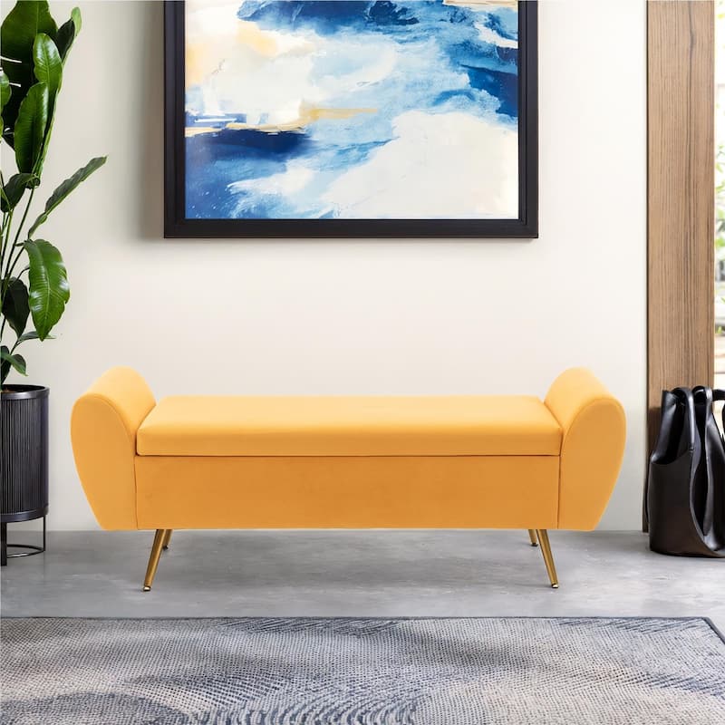 Upholstered 56"W Flip Top Storage Bench with arms - Velvet - MUSTARD