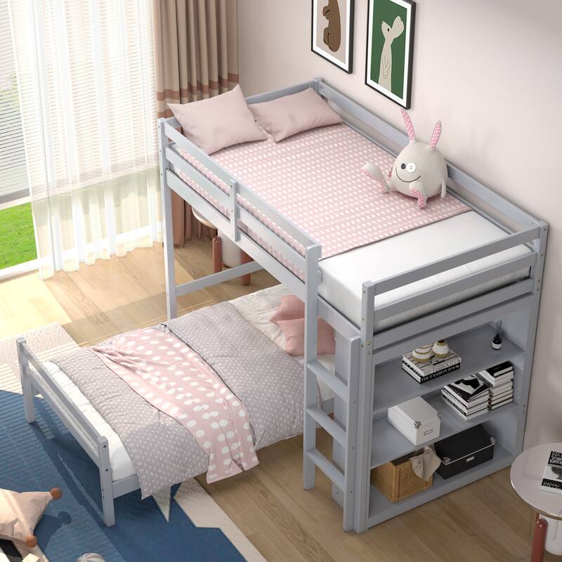 Costway Twin Over Twin Loft Bunk Bed Wood w/Bookcase Guardrail Ladder - 79.5'' x 44'' x 58.5''