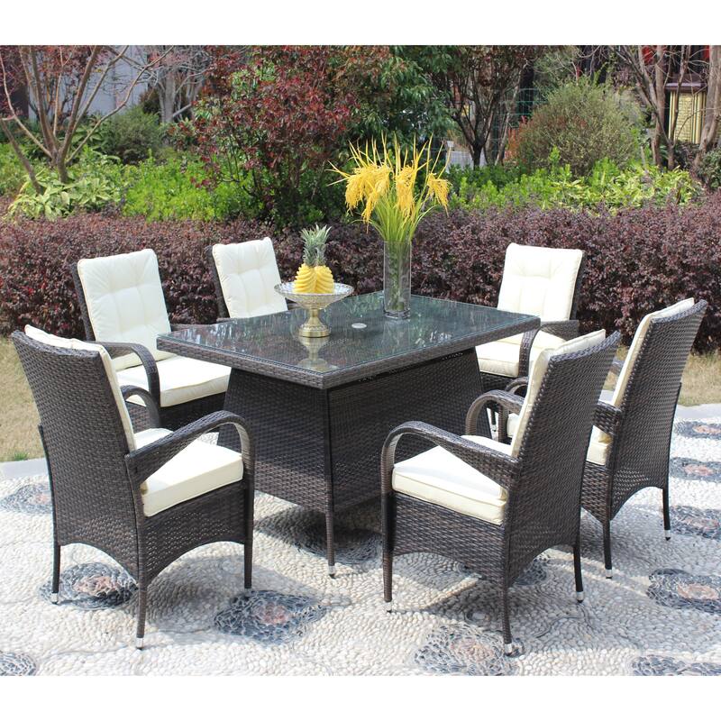 Outdoor patio Furniture Rectangular Dining table with clear tempered glass - Brown