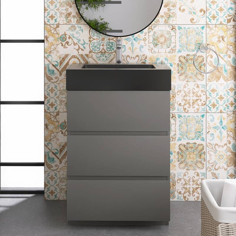 Freestanding Bathroom Vanity with Black Solid Surface Top - 24'' x 18.1'' x 37'' - Gray