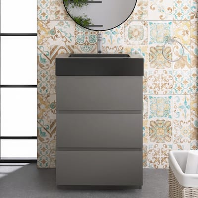 Freestanding Bathroom Vanity with Black Solid Surface Top