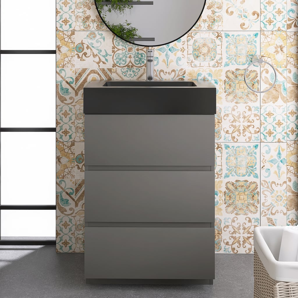 Freestanding Bathroom Vanity with Black Solid Surface Top