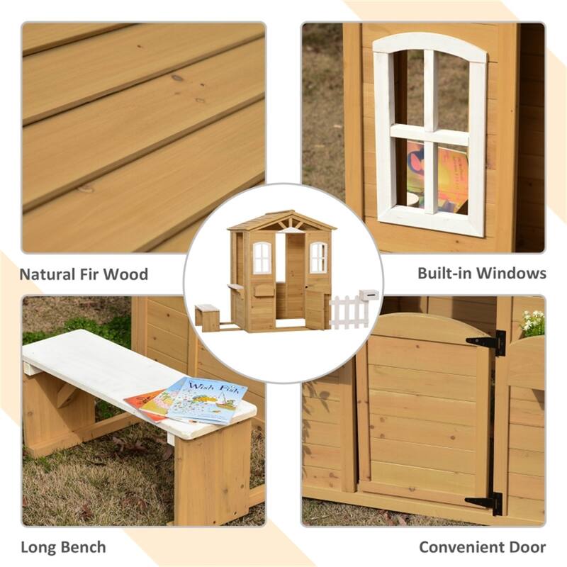 Natural and White Wooden Kids Outdoor Playhouse with Fence Mailbox Flowerpot Holders and Bench for Ages 3 to 8