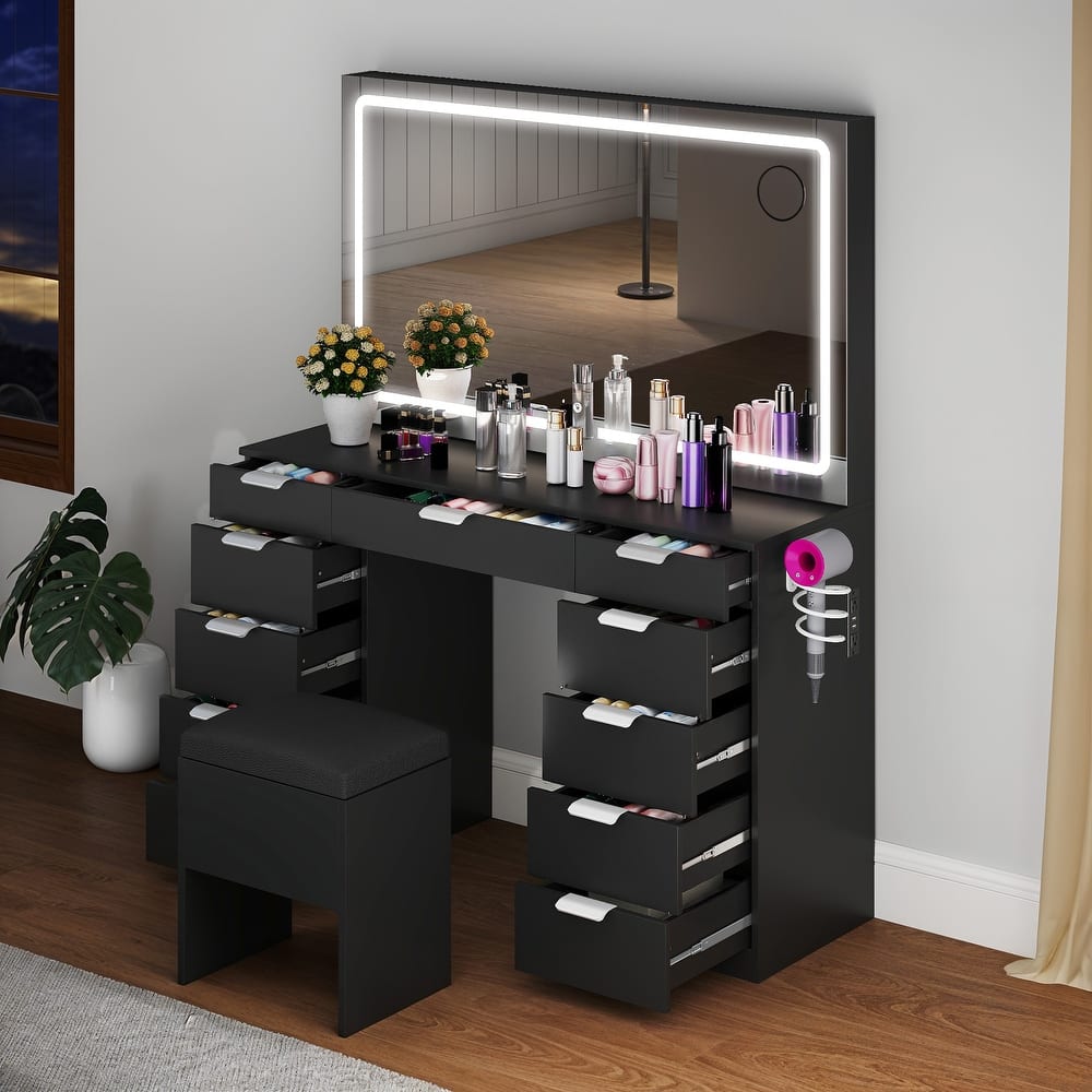 Moasis White 10-Drawer Cosmetic Vanity Desk Set with Glass Tabletop Makeup Vanity with LED Strip