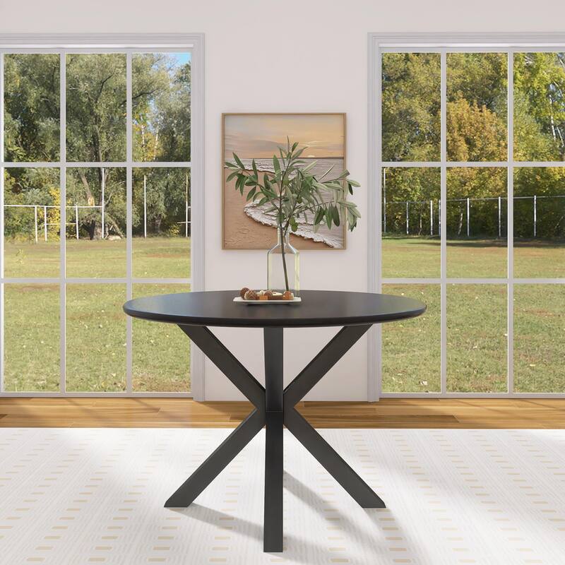 42 Inch Dining Table With Round Table Top and Steel Cross Legs - 29"H x 42"L x 42"W