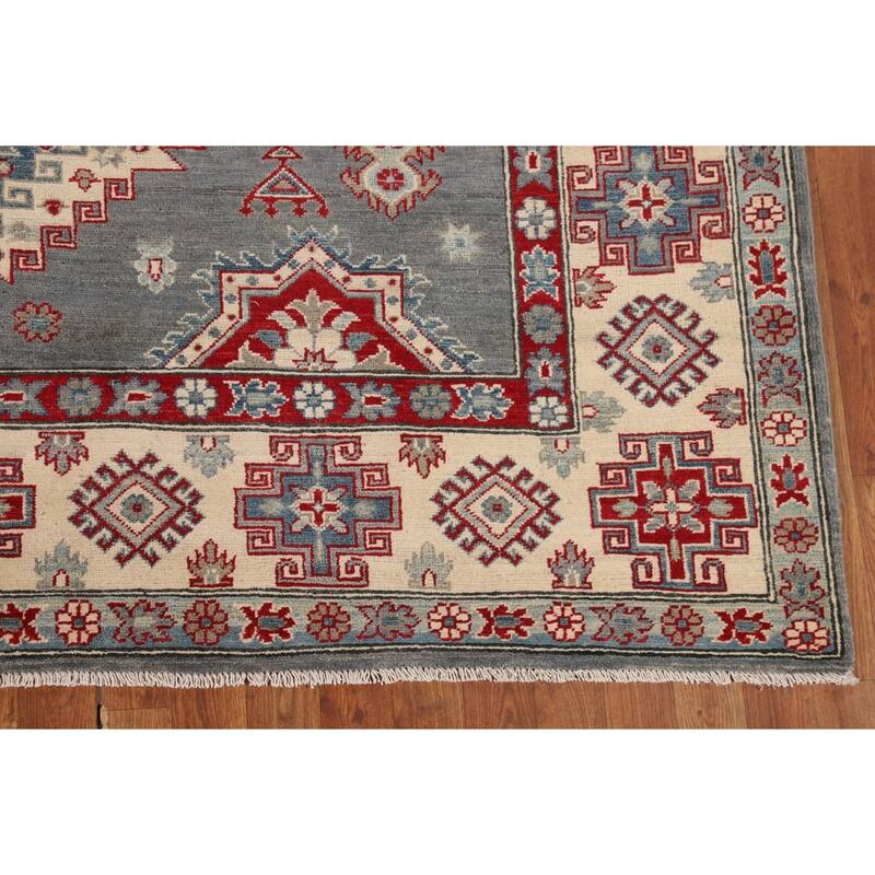 Hand Knotted Oriental 100% Wool Carpet Traditional Geometric Greys & Charcoal Kazak Area Rug - 9' 6'' X 6' 11''