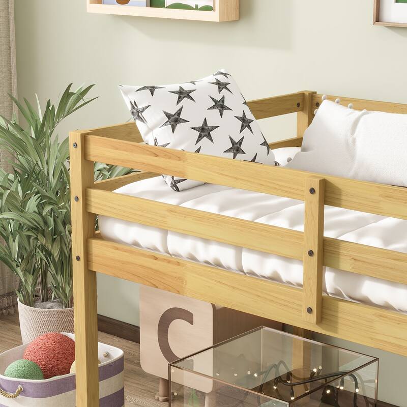 Natural Rubber Wood Twin Loft Bed with Ladder and Strengthened Slats, Low Height Design for Safety