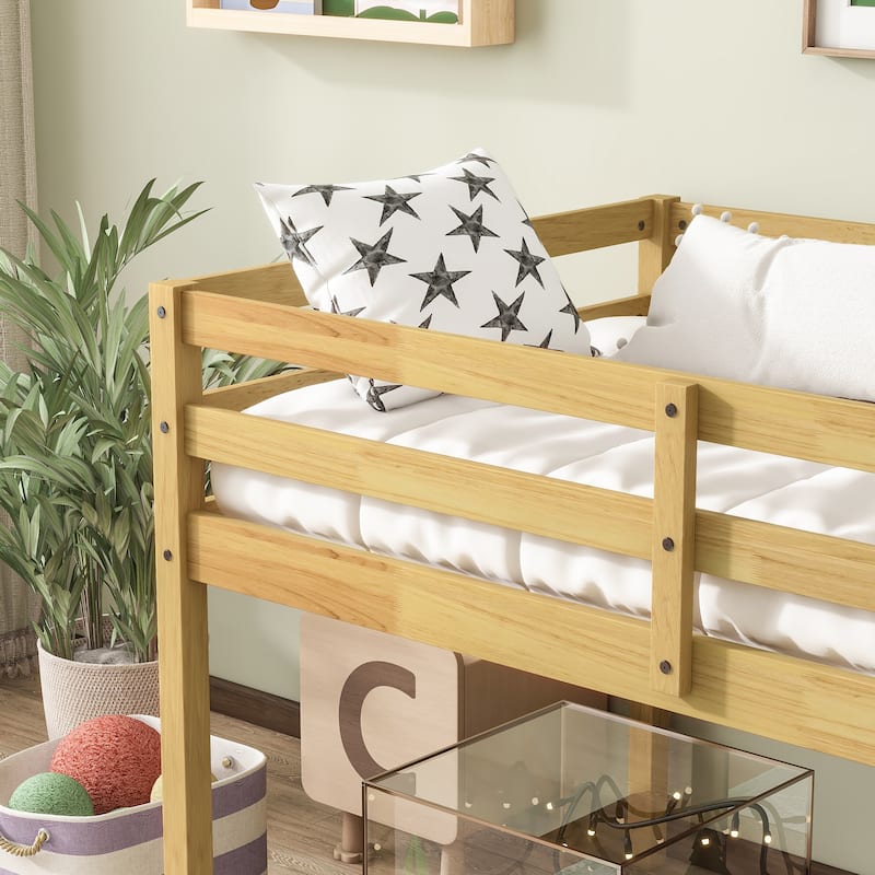 Solid Wooden, Rubber Wooden Twin Loft Bed with Ladder, Bed Platform of Strengthened Slats, Pink