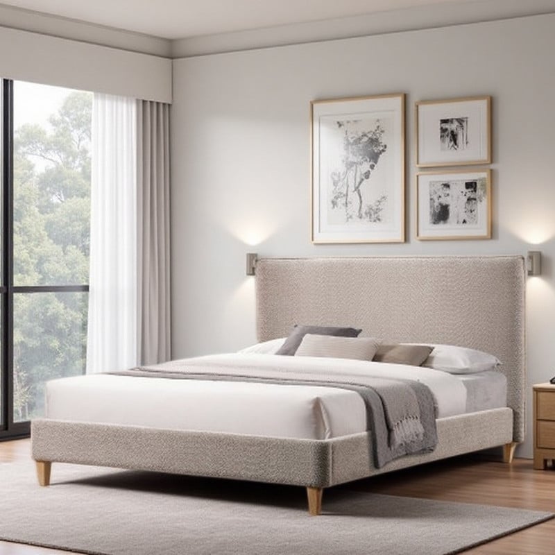Queen Bouclé Upholstered Platform Bed Frame with Curved Headboard, Modern Minimalist Design & Wooden Slat Support