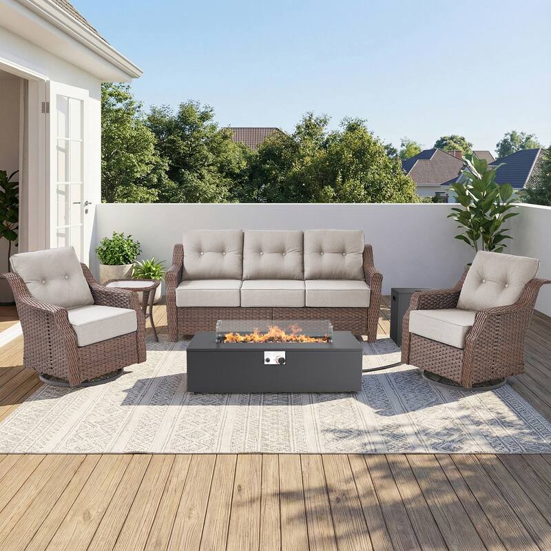 Pocassy 5/7PCS Sofa Swivel Chair Ottoman with Fire Pit Table - Brown Wicker Beige Cushion - 5-Piece Sofa Swivel Chair with Fire Pit Table