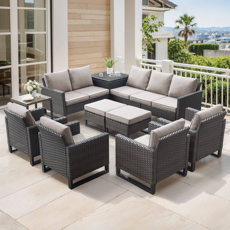 Gymojoy 9-11 Person All-Weather Wicker Outdoor Conversation Set Seating Group With lounge Chairs And Ottomans