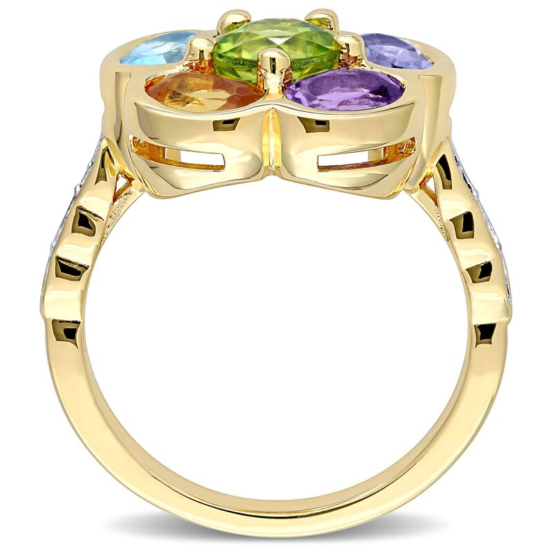 Multi-color Gemstone and Diamond Accent Composite Flower Ring in Yellow Plated Sterling Silver by Miadora