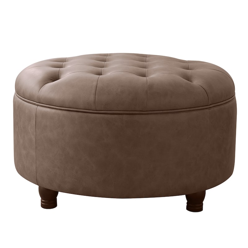 Tufted Round Storage Ottoman, Faux Leather