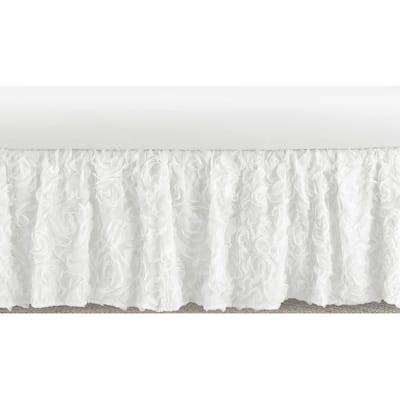White Floral Rose Girl Crib Bed Skirt - Solid Flower Luxurious Elegant Princess Vintage Boho Shabby Chic Luxury Glam Roses