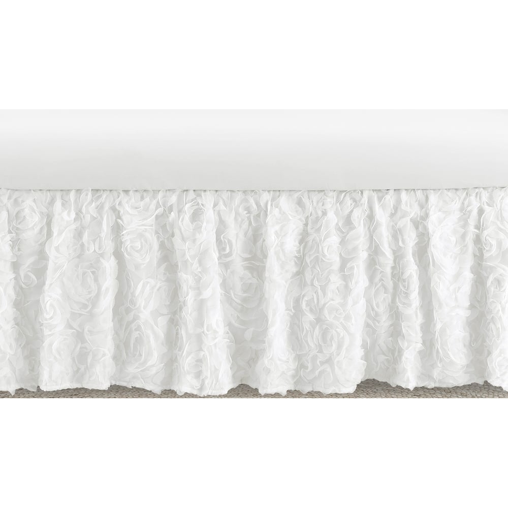 White Floral Rose Girl Crib Bed Skirt - Solid Flower Luxurious Elegant Princess Vintage Boho Shabby Chic Luxury Glam Roses