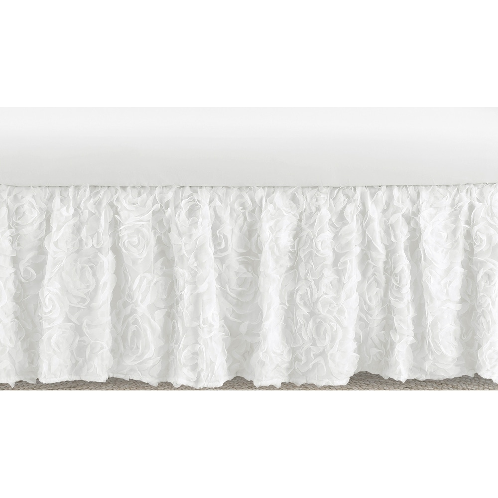 White Floral Rose Girl Crib Bed Skirt - Solid Flower Luxurious Elegant Princess Vintage Boho Shabby Chic Luxury Glam Roses
