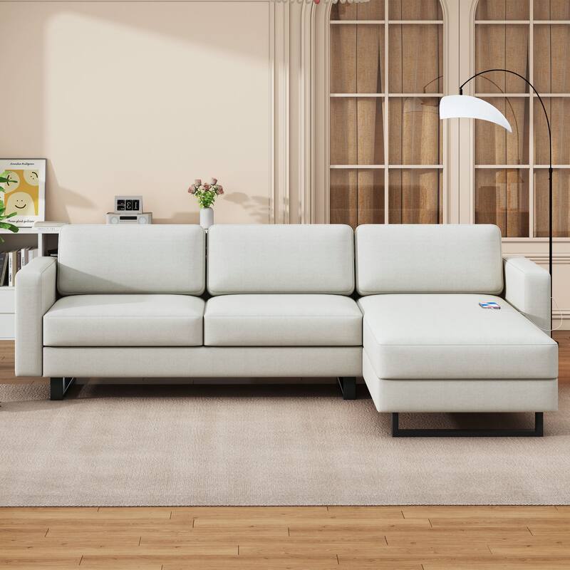 White 100'' L-Shaped 3-Seat Sectional Sofa with Reversible Armrests and USB Ports, Ideal for Living Room, Office, or Dorm - Cream White