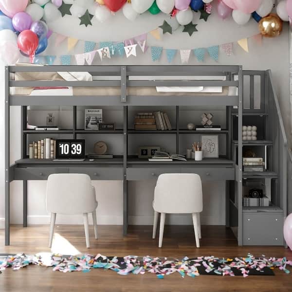 slide 2 of 19, Modern Twin Size Loft Bed Frame with Storage Staircase and Double Desks and Shelves Grey