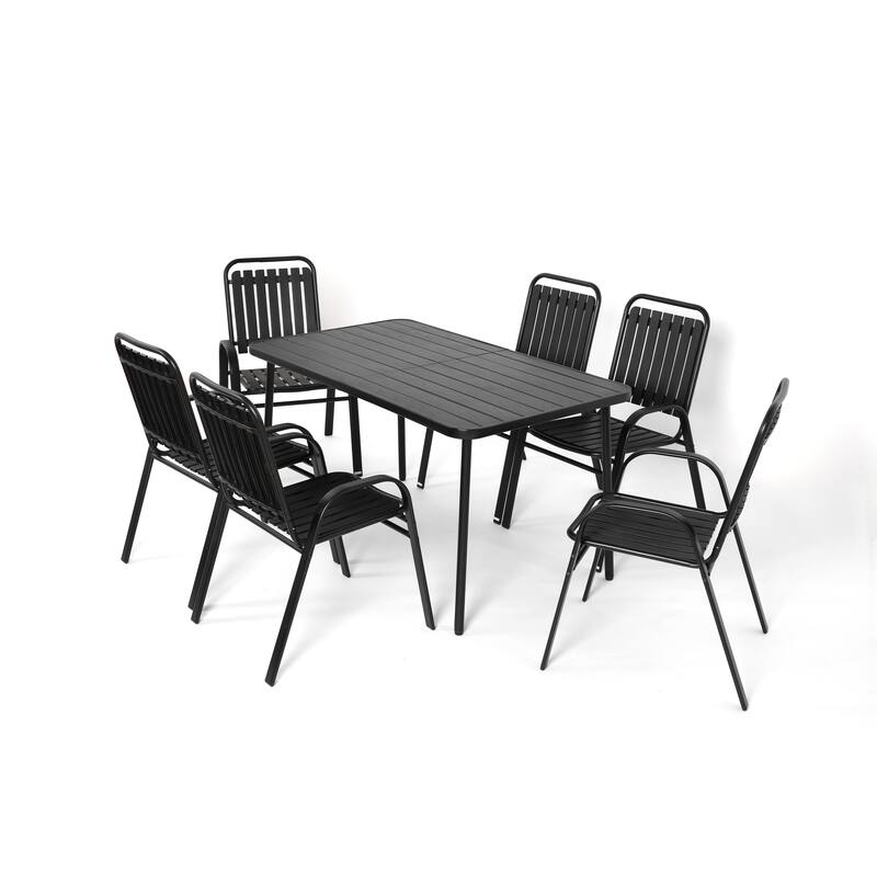 Outdoor 7 Pieces Dining Table Set and 6 Plastic Chairs, Patio Rectangular Steel Dining Table for Courtyard Poolside
