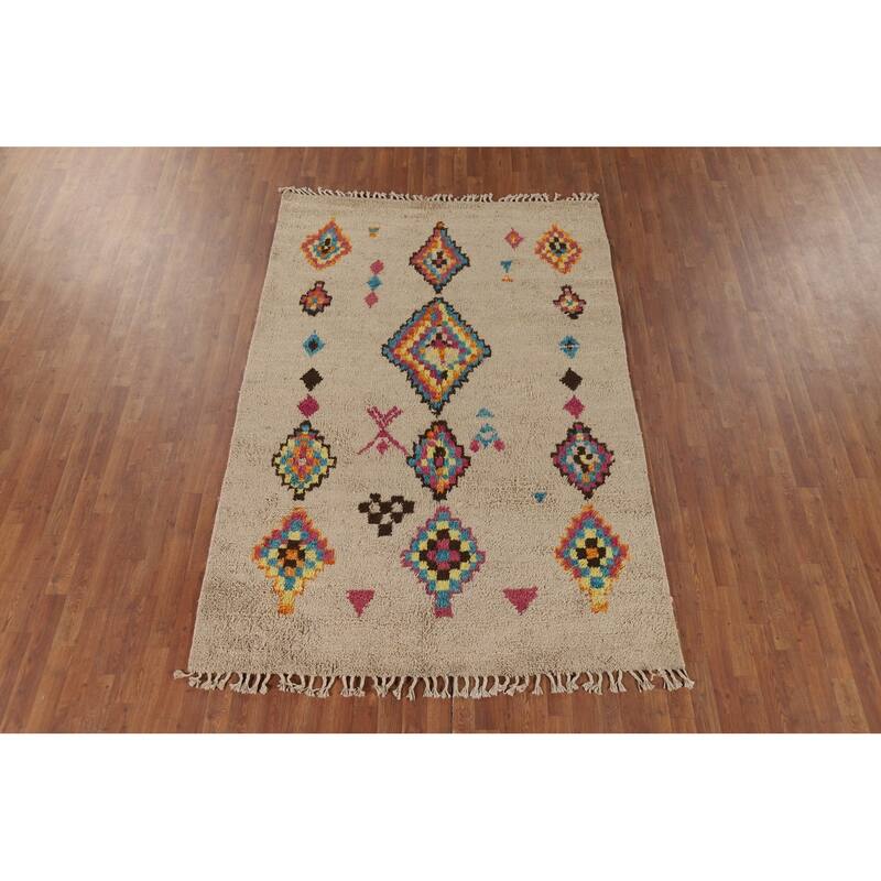 Geometric Plush Moroccan Area Rug Handmade Wool Carpet - 5'8" x 8'6"
