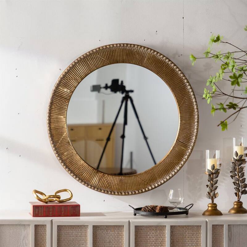 31.3" Gold Textured Round Wall Mirror Iron Frame & MDF Back Decorative Mirror
