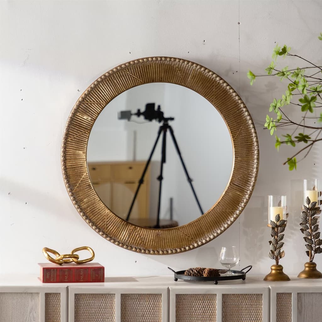 31.3" Gold Textured Round Wall Mirror Iron Frame & MDF Back Decorative Mirror