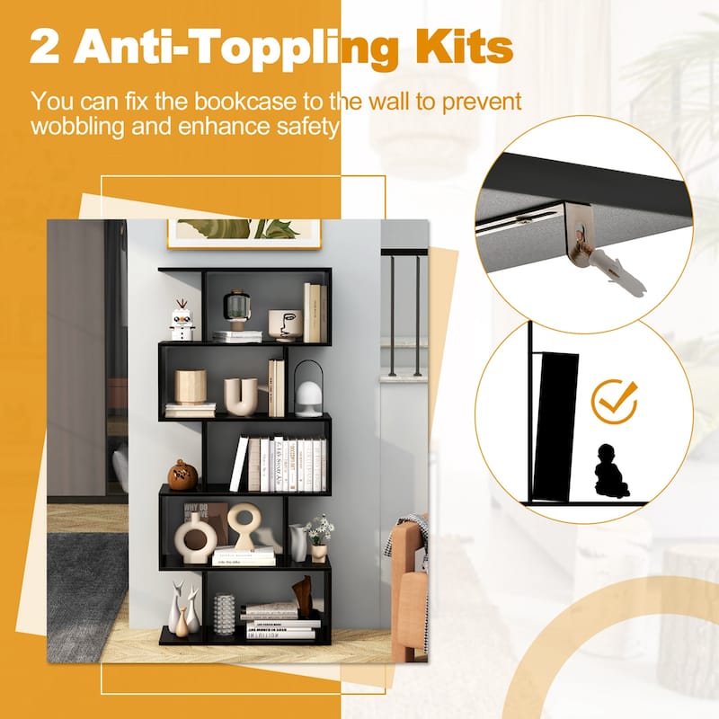 5-Tier Bookshelf S-Shaped Bookcase Room Divider Storage Display Shelf