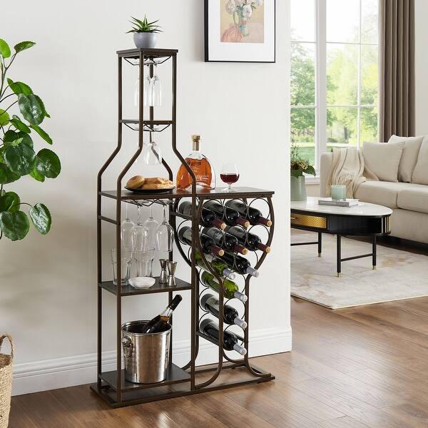 Grey 11 Bottles Wine Dispaly Shelves, 5-Tier Freestanding Wine Rack with Hanging  Wine Glass Holder, Chic Wine Bar Storage - Bed Bath & Beyond - 41914244