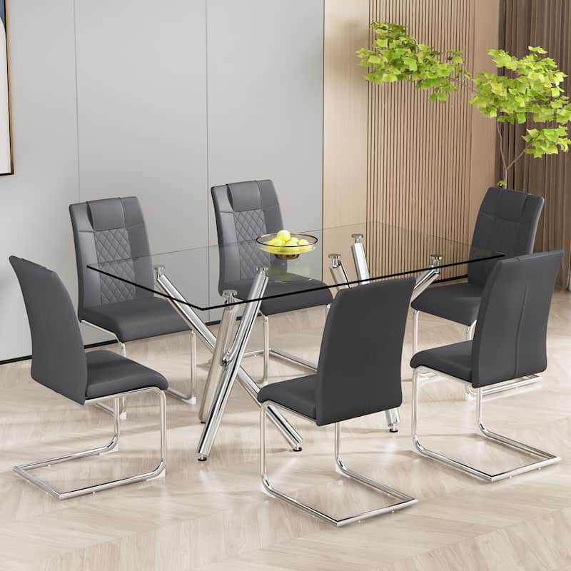 Leather Dining Chair Set of 6 Office Chair with C-Shaped Metal Legs - Grey