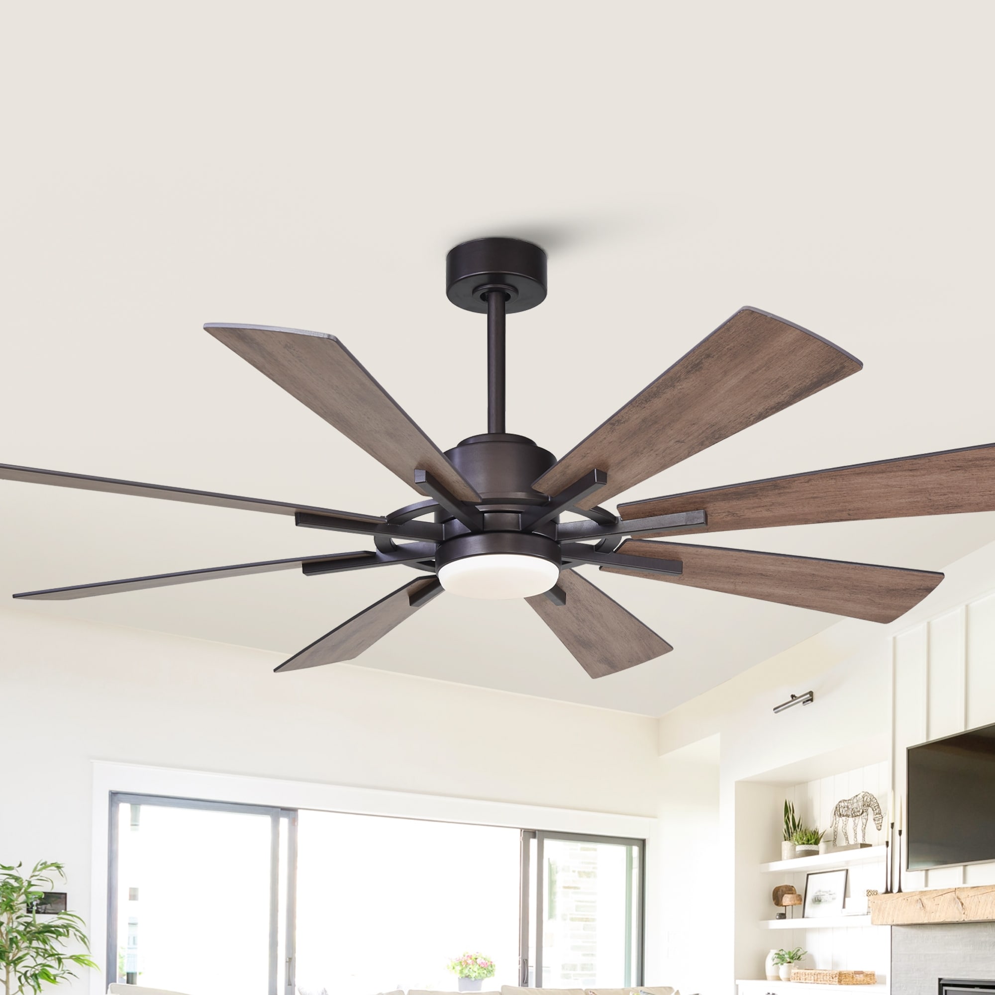 Parrot Uncle 60" Bronze Walnut Farmhouse Integrated LED Windmill Ceiling Fan with Light and Remote