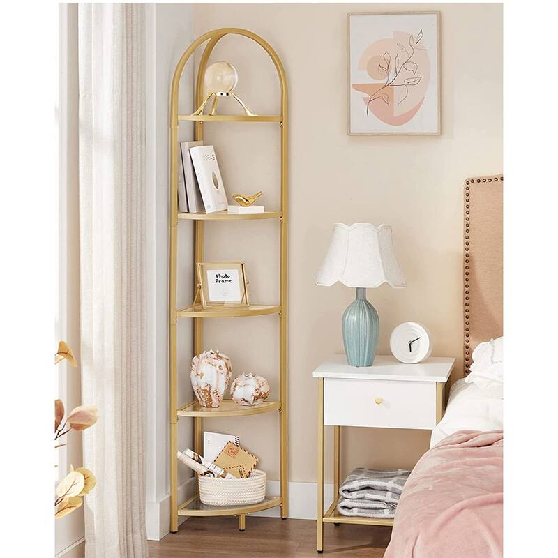 Golden 5-Tier Glass Corner Storage Shelf with Steel Frame Living room Bedroom or Entryway - 11"D x 11"W x 37.4"H
