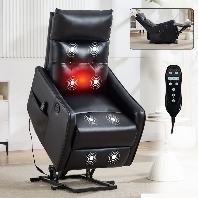 PU Leather Recliner with Single Motor Lift Massage Heat and 155 Degree Recline - Black