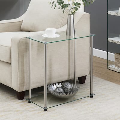 Glass 2 Tier Chairside End Table, Sleek Narrow Side Table with Clear Glass Shelves and Sturdy Stainless Steel Legs - 24