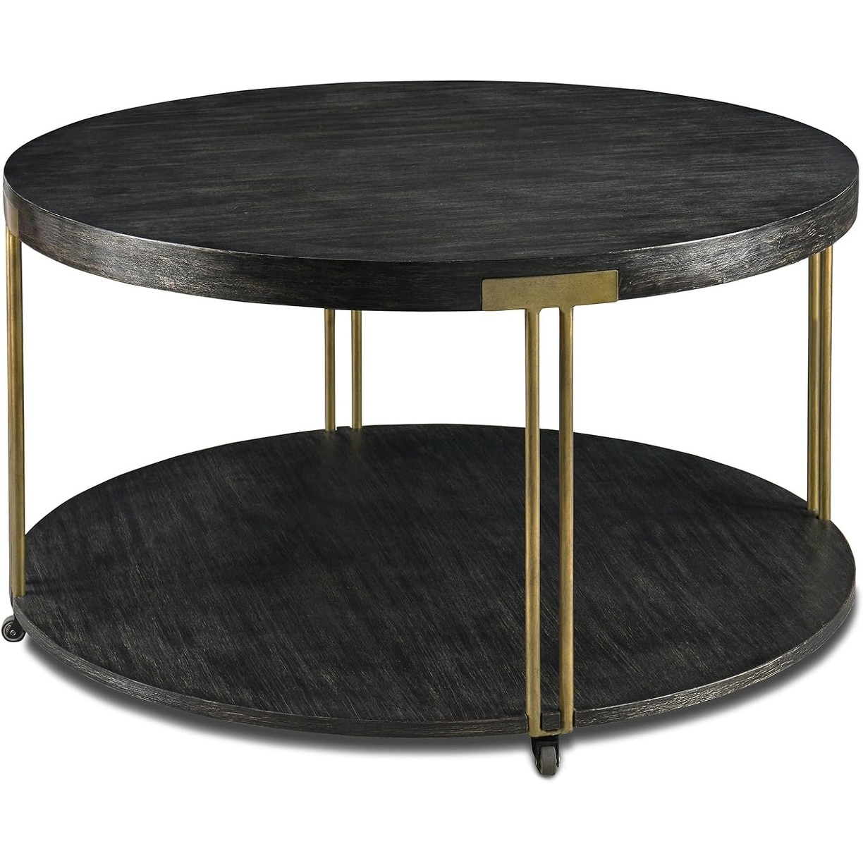 35" Round Coffee Table with Wheels, 2-Tier Living Room Center Table, Wooden Top & Golden Metal Legs, Black Gold