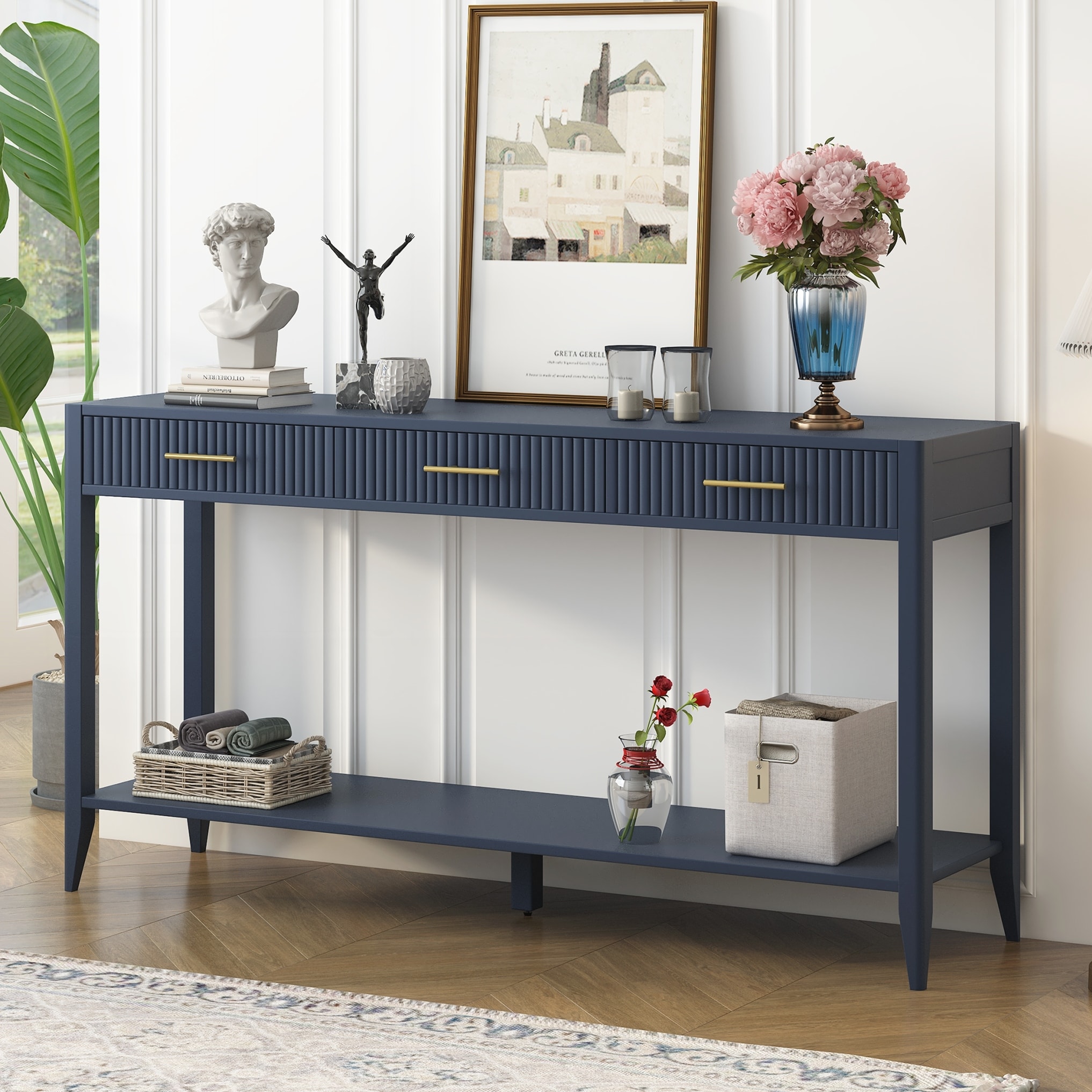 Console Table with 3 Drawers,Wooden Entryway Table with Storage Shelf, Farmhouse Sofa Table for Living Room