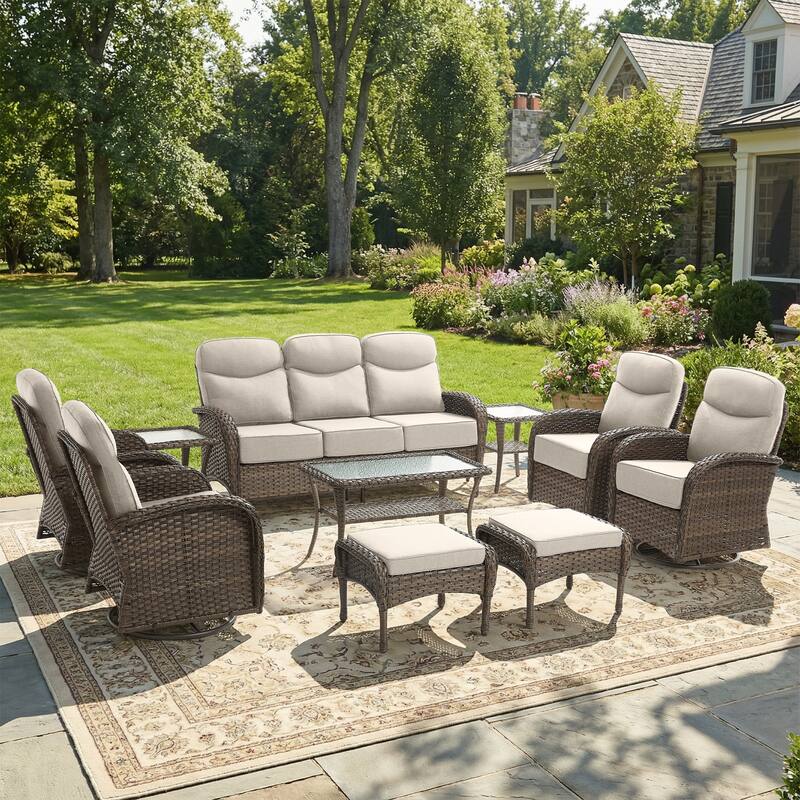 Pocassy Outdoor 10-Piece Sofa Swivel Chair Ottoman with Table - Brown Wicker Beige Cushion - 10-Piece Sofa Swivel Chair Ottoman with Table