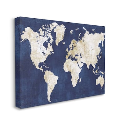 Stupell Navy and Distressed Gold World Map Canvas Wall Art