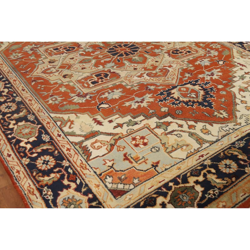 Hand Knotted Oriental 100% Wool Carpet Traditional Medallion Oranges & Rust Heriz (serapi) Area Rug - 11' 10'' X 9' 2''