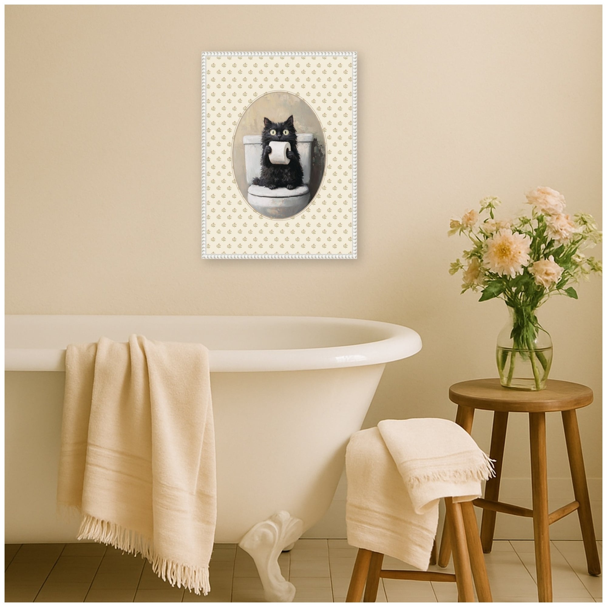 Kate and Laurel Black Cat and Toilet Paper Bathroom by The Creative Bunch Studio Framed Canvas Wall Art Print