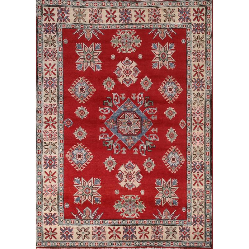 Red Geometric Kazak Area Rug Handmade Bedroom Wool Carpet - 5'0" x 6'9"