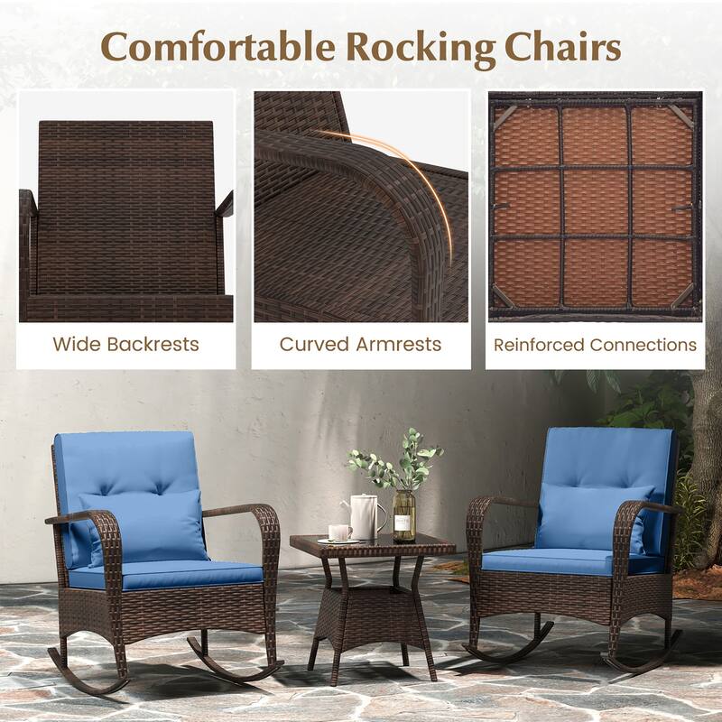 Gymax 3 Piece Outdoor Rocking Set Rattan Rocker Chairs w/ Tempered