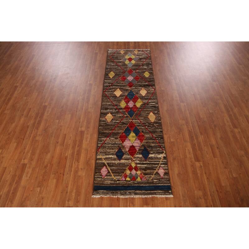 Brown Geometric Moroccan Oriental Runner Rug Handmade Wool Carpet - 2'11" x 9'8"