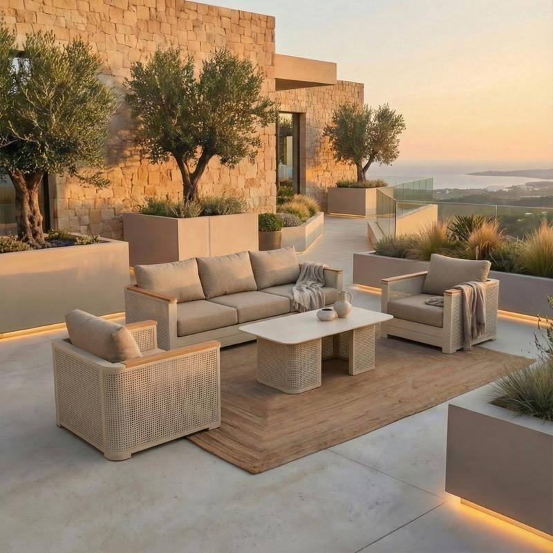 Arvin 4-Piece Outdoor Patio Conversation Set in Aluminum with Olefin Fabric Cushions Sintered Stone Rectangular Coffee Table