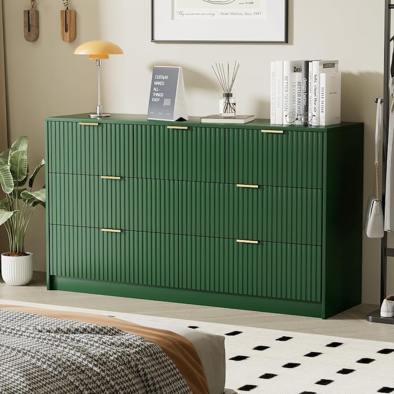 7 Drawer Dresser Fluted Wood Clothes Storage Cabinet, Modern Wide Dresser for Bedroom