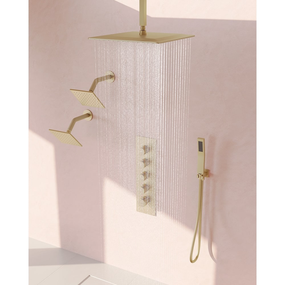 GRANDJOY High Pressure Shower Faucet System 16" Ceiling and dual 6" Wall Mounted Shower Head Combo Handheld Shower Spray