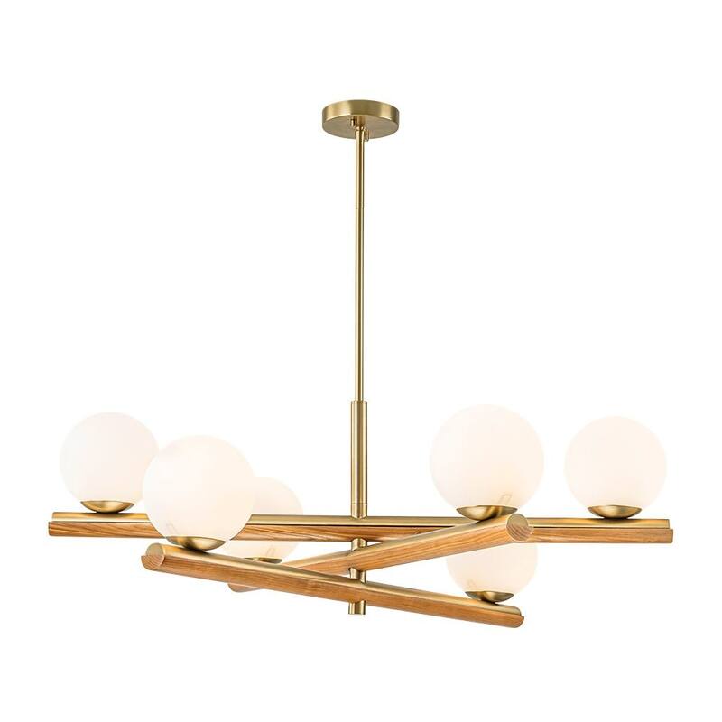 Mid-Century 6-Light Wood-trim Frosted Glass Linear Chandelier - 36.0 in